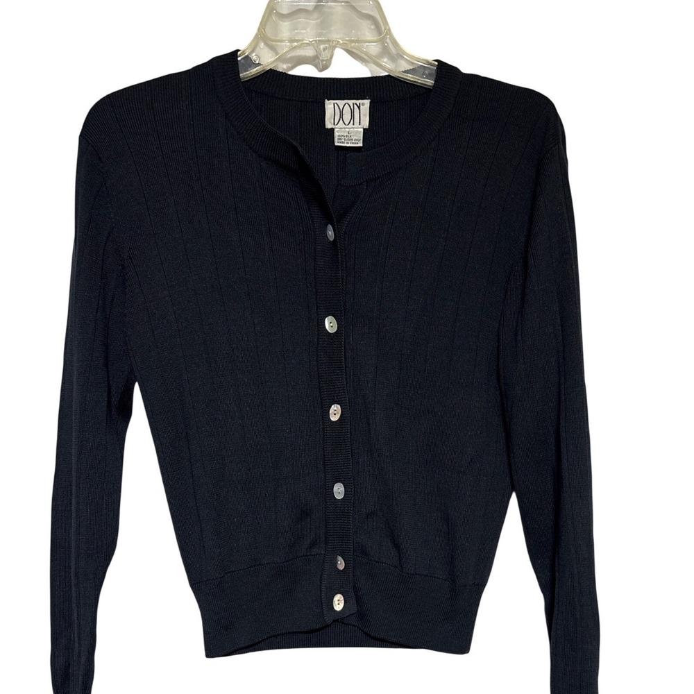DON Navy‎ Ribbed 100% Silk Button Front Cardigan Sweater Women's Size L